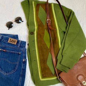 Vintage 70s grandpa cardigan sweater with suede